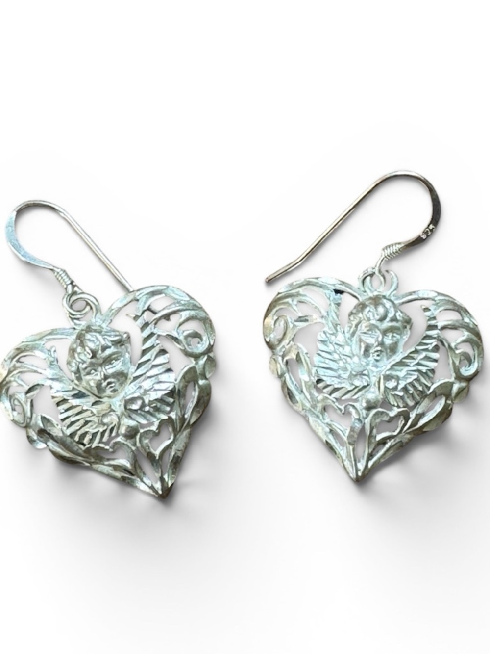 Sterling Silver Filigree Heart Angel Vintage Earrings
